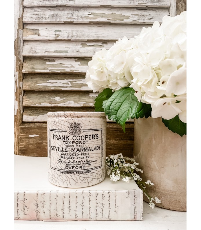 Antique English Frank Cooper's Seville Marmalade 1lb. Ironstone crock. Heavy Crazing, Grey Coloring